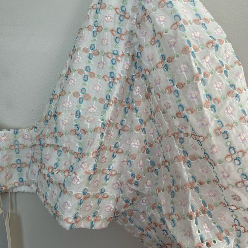 For Love And Lemons White Eyelet Crop Top with Pastel Blue Print - Picture 3 of 14